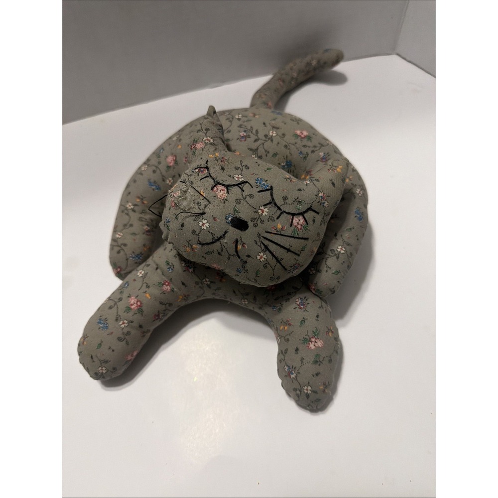 Vintage Handmade Floral Fabric Cat Plush Primitive Folk Art Stuffed Animal Grey